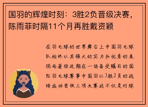 国羽的辉煌时刻：3胜2负晋级决赛，陈雨菲时隔11个月再胜戴资颖