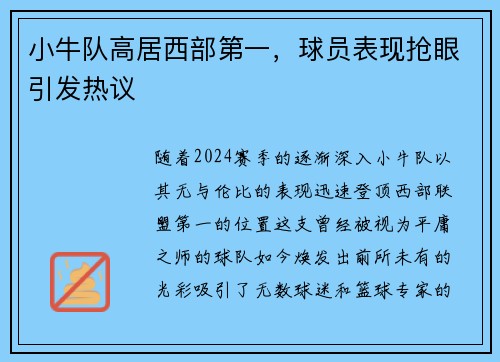 小牛队高居西部第一，球员表现抢眼引发热议