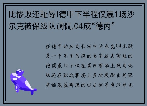 比惨败还耻辱!德甲下半程仅赢1场沙尔克被保级队调侃,04成“德丙”